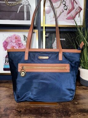 Navy Nylon Work Tote Bag Michael Kors Brown Leather Trim